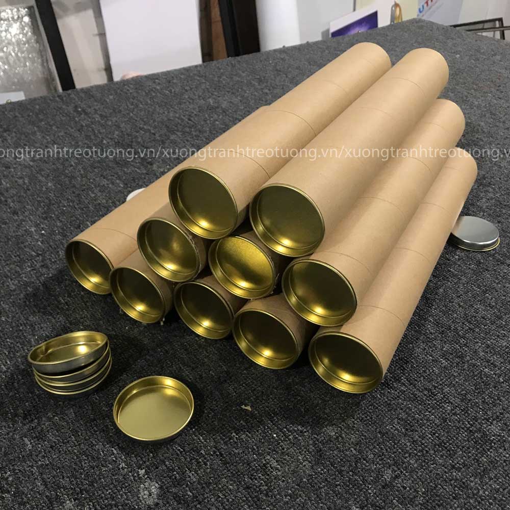 Ống Giấy Tube đựng Poster, bản vẽ, tranh liễn. Đường kính 64mm, Có sẵn nắp nhôm đậy 2 đầu. ống dày 2mm, nhiều kích thước