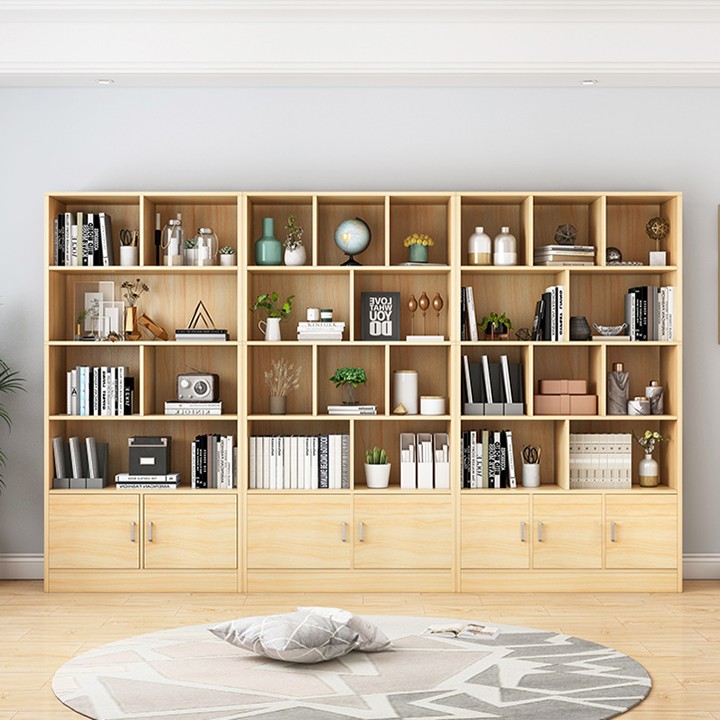 Kệ sách gỗ hiện đại nhiều ngăn màu trắng, nâu, vàng trang trí phòng khách - Tủ gỗ để đồ thông minh decor phòng đẹp 1m8