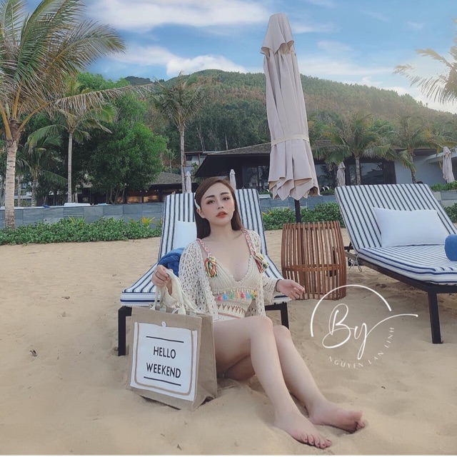 Set biển - set 3 món - áo 2 dây thổ cẩm + quần hoa hot hit cạp nhỏ + choàng ren tay sóng điệu đà (có tách rời)