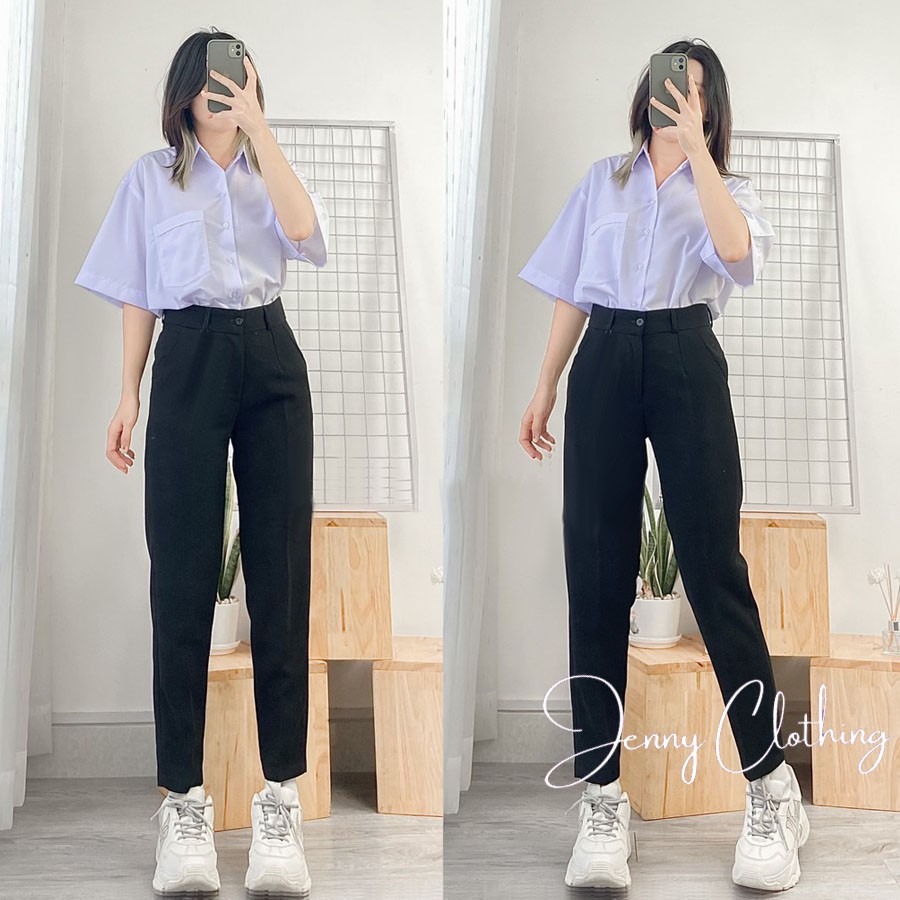 Quần Tây Baggy Nữ Đi Học Cạp Cao Xanh Đen -  Chất Vải Tuyết Mưa - Kiểu Dáng Quần Baggy Trơn Hiện Đại Đứng Dáng Dài 95Cm
