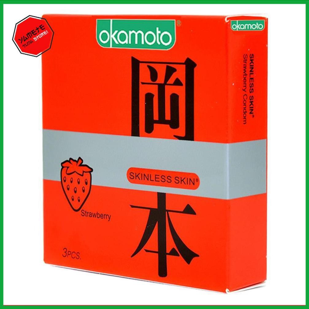 CHÍNH HÃNG 100% Bao Cao Su Okamoto Skinless Skin Strawberry Hương Dâu Hộp 3 Cái