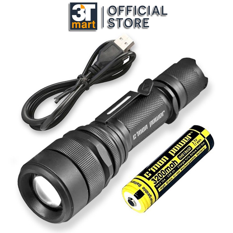 Bộ 1 đèn pin siêu sáng C'mon Power RANGER XML-L2 LED 10W chiếu xa 500m + 1 pin 18650 + 1 sạc USB (VÀNG)