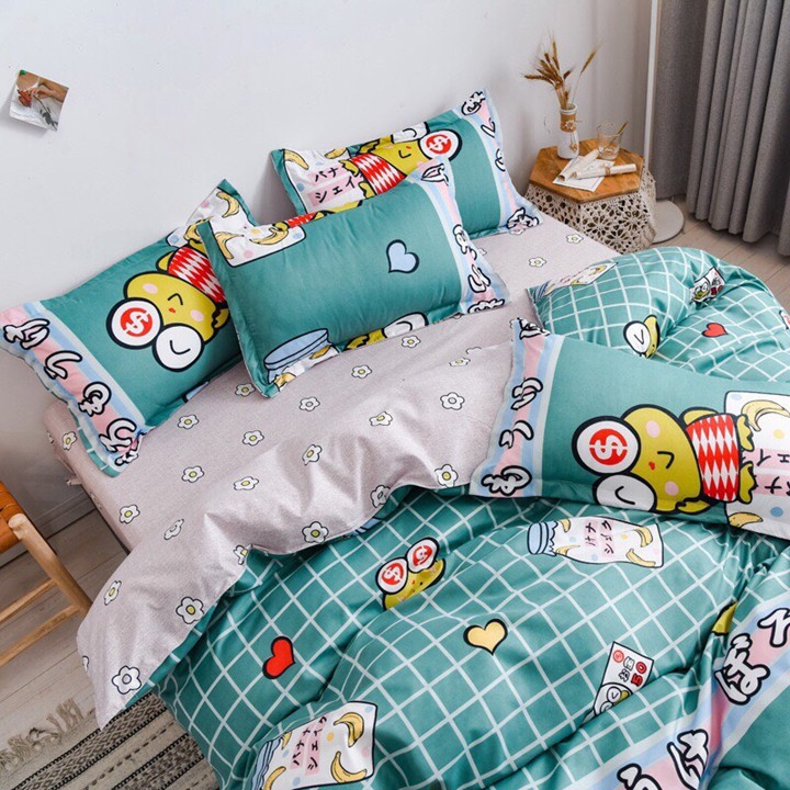 Bộ chăn ga gối drap giường chất cotton poly họa tiết bông ếch xanh