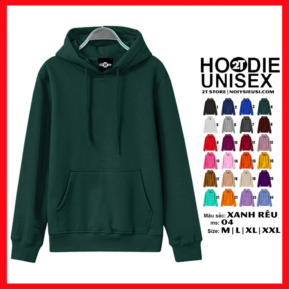 Áo hoodie unisex 2T Store H04 màu xanh rêu - Áo khoác nỉ chui đầu nón 2 lớp dày dặn đẹp chất lượng