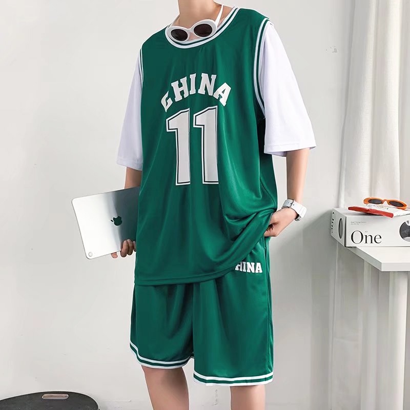 Bộ quần áo thể thao bóng rổ vải lụa lạnh nhanh khô dáng rộng size lớn S-5XL cho nam