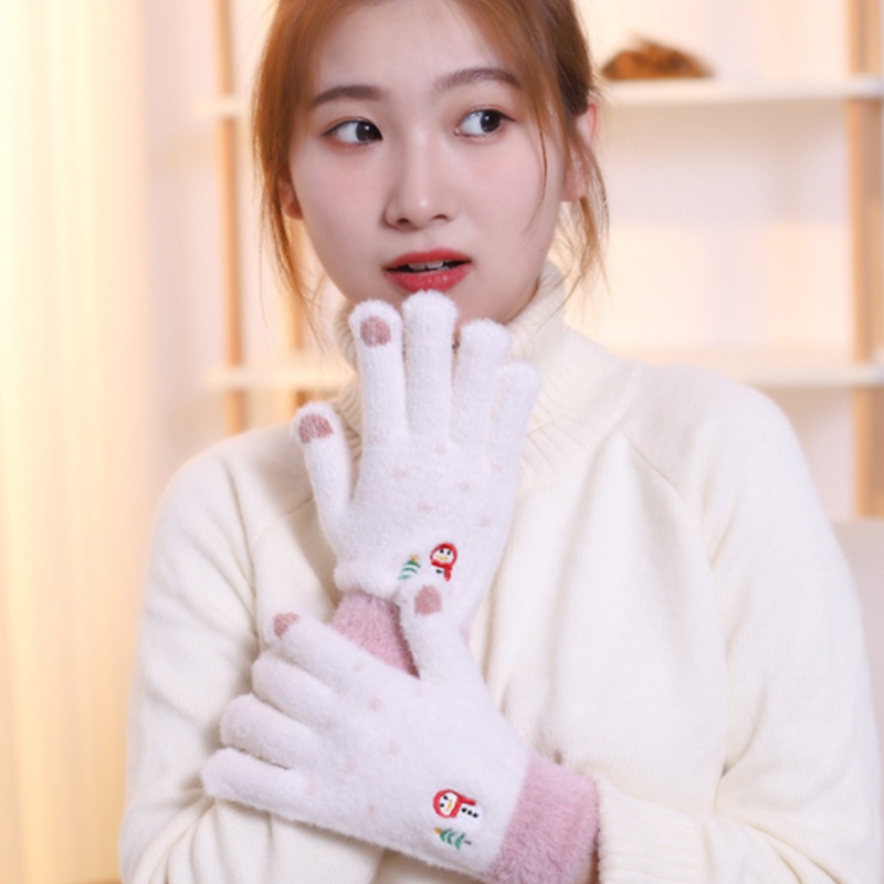 Găng Tay Dệt Kim Thêu Hình Người Tuyết Dễ Thương Có Thể Chạm Màn Hình Cảm Ứng