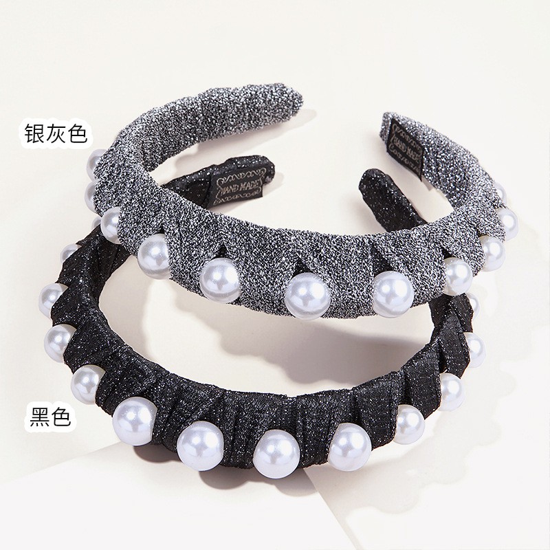 [HOT] Băng đô bờm tóc nhũ bạc đính hạt ngọc nhân tạo phụ kiện cài tóc phong cách Hàn Quốc 214BDTNT