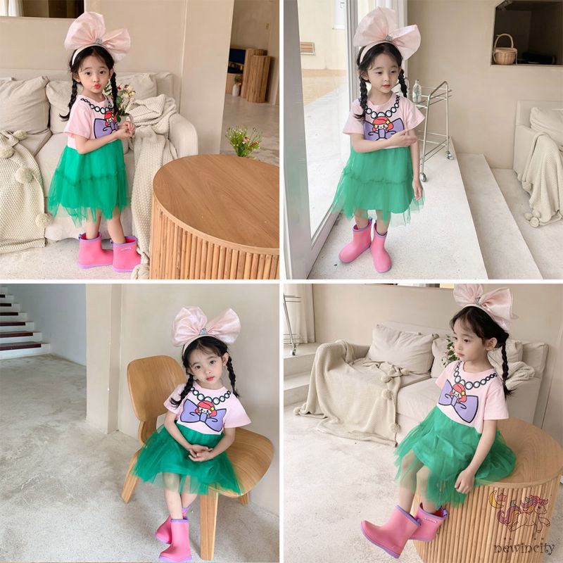 Đầm Cotton Ngắn Tay In Họa Tiết Hoạt Hình Thời Trang Mùa Hè Hàn Quốc Cho Bé Gái