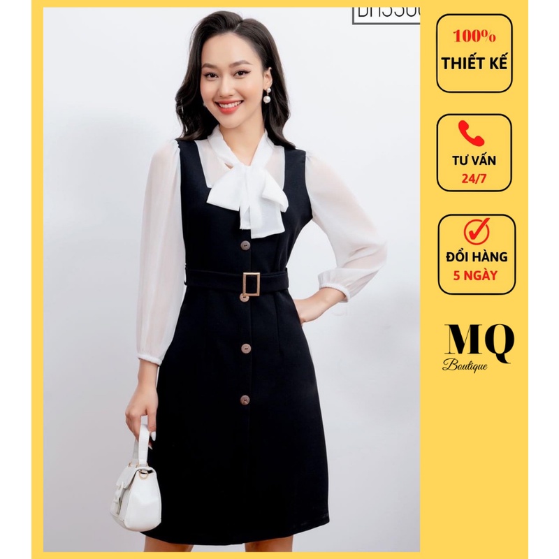 Váy công sở nữ liền thân dáng A pha voan tơ, tay dài buộc nơ cổ có đai thiết kế MQ Boutique cao cấp