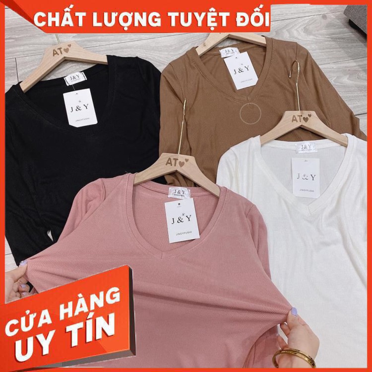 Miễn Phí Ship 30k Áo Thun Tăm Giấy Cổ V Nữ 🌸 Phông cổ tim dài tay body dáng ôm màu Đen | Trắng | Hồng | Nâu Ulzzang