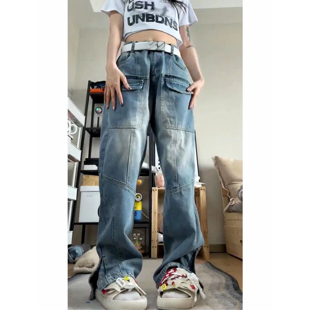 ۩Quần Yếm Jean Dáng Rộng Nhiều Túi Phong Cách Hip Hop Thời Trang Cá Tính Cho Nữ