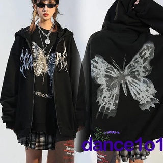 Ảnh chụp Áo khoác hoodie có khóa kéo tay dài dáng rộng in họa tiết bươm bướm phong cách gothic thời trang dành cho nữ tại Nước ngoài