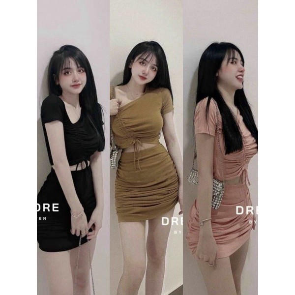 Set Áo Croptop Tay Ngắn Cổ Lệch Rút Dây 1 Bên Và Chân Váy Ngắn Nhún 2 Bên Hông - Form Ôm Body Sexy - Thun Gân
