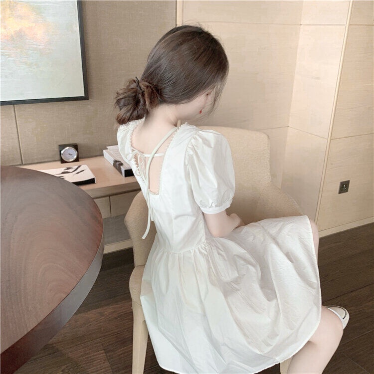 Đầm chữ A tay phồng cổ vuông đính ngọc trai giả phong cách Pháp cổ điển thời trang dành cho nữ