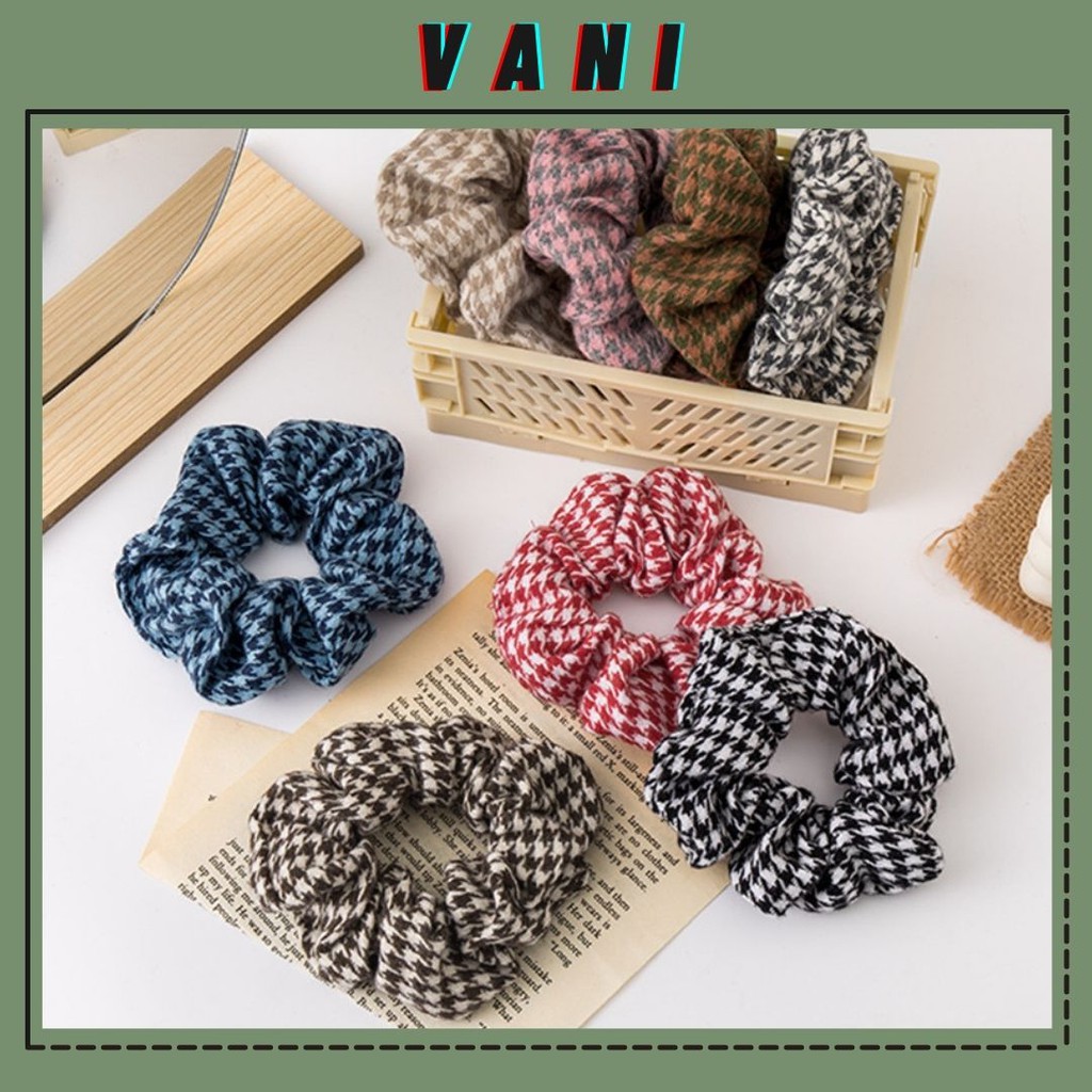 Dây Cột Tóc Scrunchies Len Nỉ Vintage Họa Tiết Houndstooth Cổ Điển - PKT88