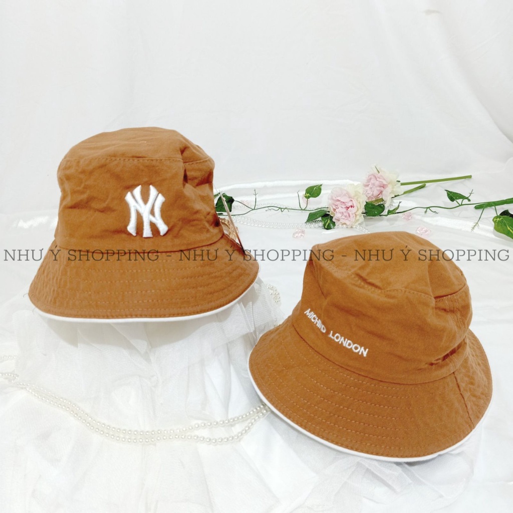 Nón vải/mũ vải bucket unisex thêu chữ chất đẹp màu nâu viền trắng sành điệu,nam nữ đội đẹp