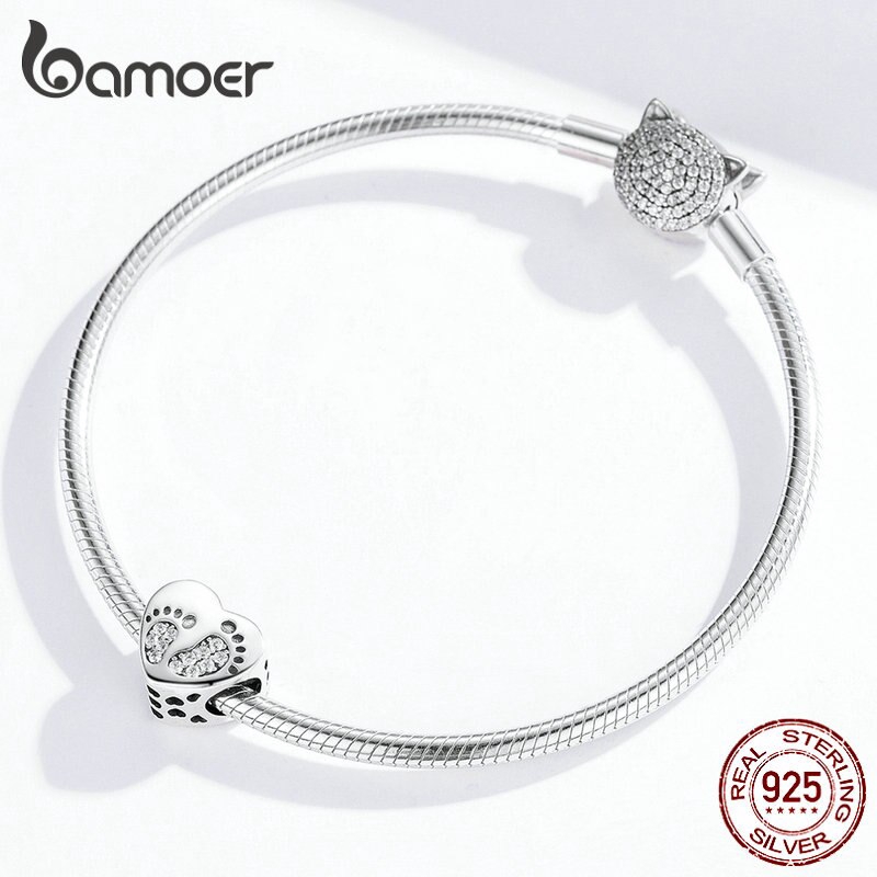 Hạt Trang Sức Bamoer Scc1395 Chốt Bạc Sterling Hình Trái Tim Phối Họa Tiết Dấu Chân Dùng Làm Đồ Trang Sức Thủ Công
