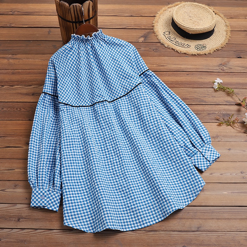 Áo kiểu ZANZEA cổ tròn dáng rộng in họa tiết sọc ca rô phối nút cài thời trang công sở dành cho nữ