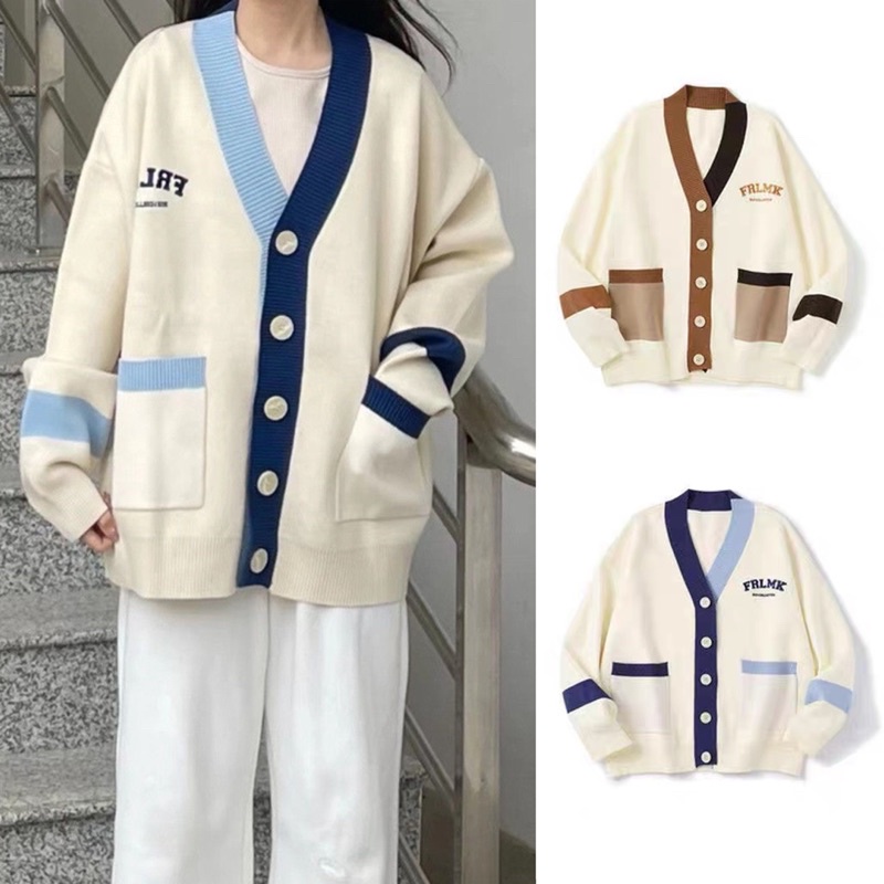 Áo cardigan khoác len dáng rộng có túi thiết kế viền xanh nâu xinh xắn