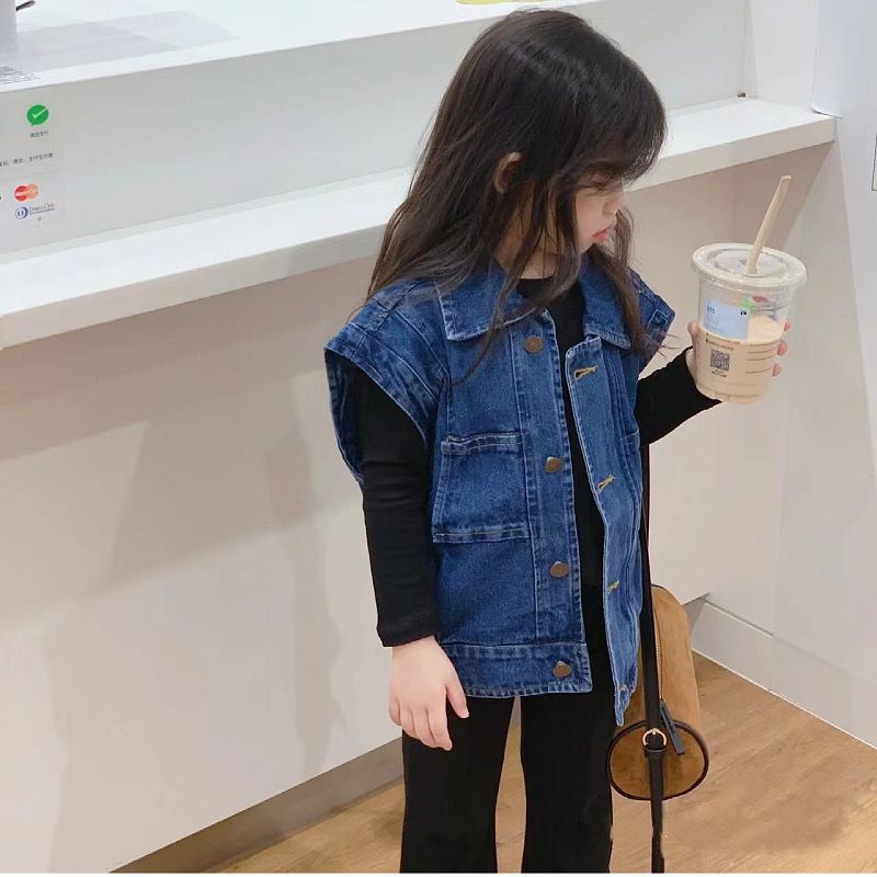 [Hàng Có Sẵn] Set Áo Sơ Mi Và Áo Khoác Denim Không Tay Dáng Rộng Dễ Phối Đồ Hợp Thời Trang Xuân Thu Cho Bé Gái