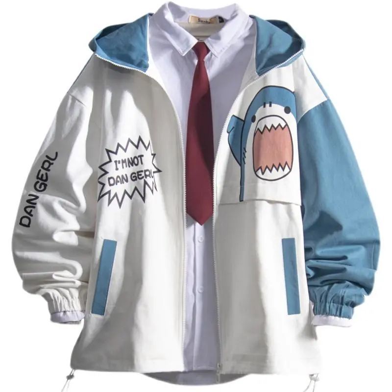 Áo khoác nam hoodie zip bomber có mũ trùm đầu họa tiết cá mập màu xanh dương và trắng kết hợp phong cách Hàn Quốc thời trang xuân thu cho nam