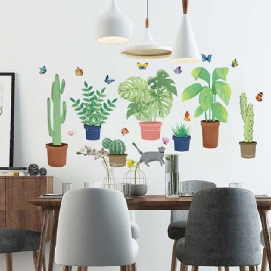 Decal dán tường chậu cây trang trí phòng khách, phòng ngủ - Giấy dán tường có keo sẵn không thấm nước - Tặng kèm keo sữa