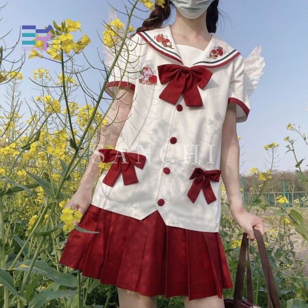 SANCHI Japanese school uniform set includes loose shirt + cute red pleated skirt girl
