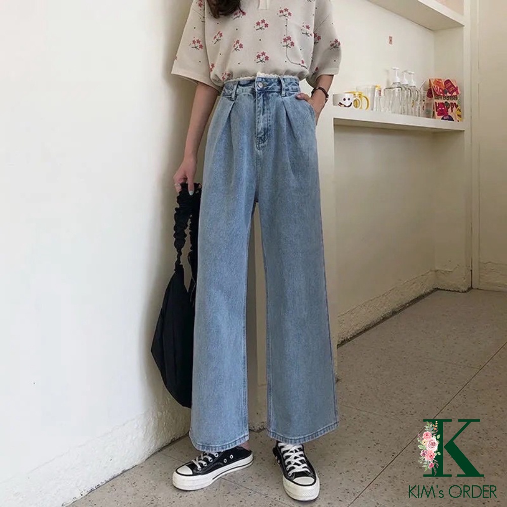 Quần jean nữ ống rộng ống suông lưng cao màu xanh cạp phối ren phong cách Ulzzang Hàn Quốc đủ size thời trang