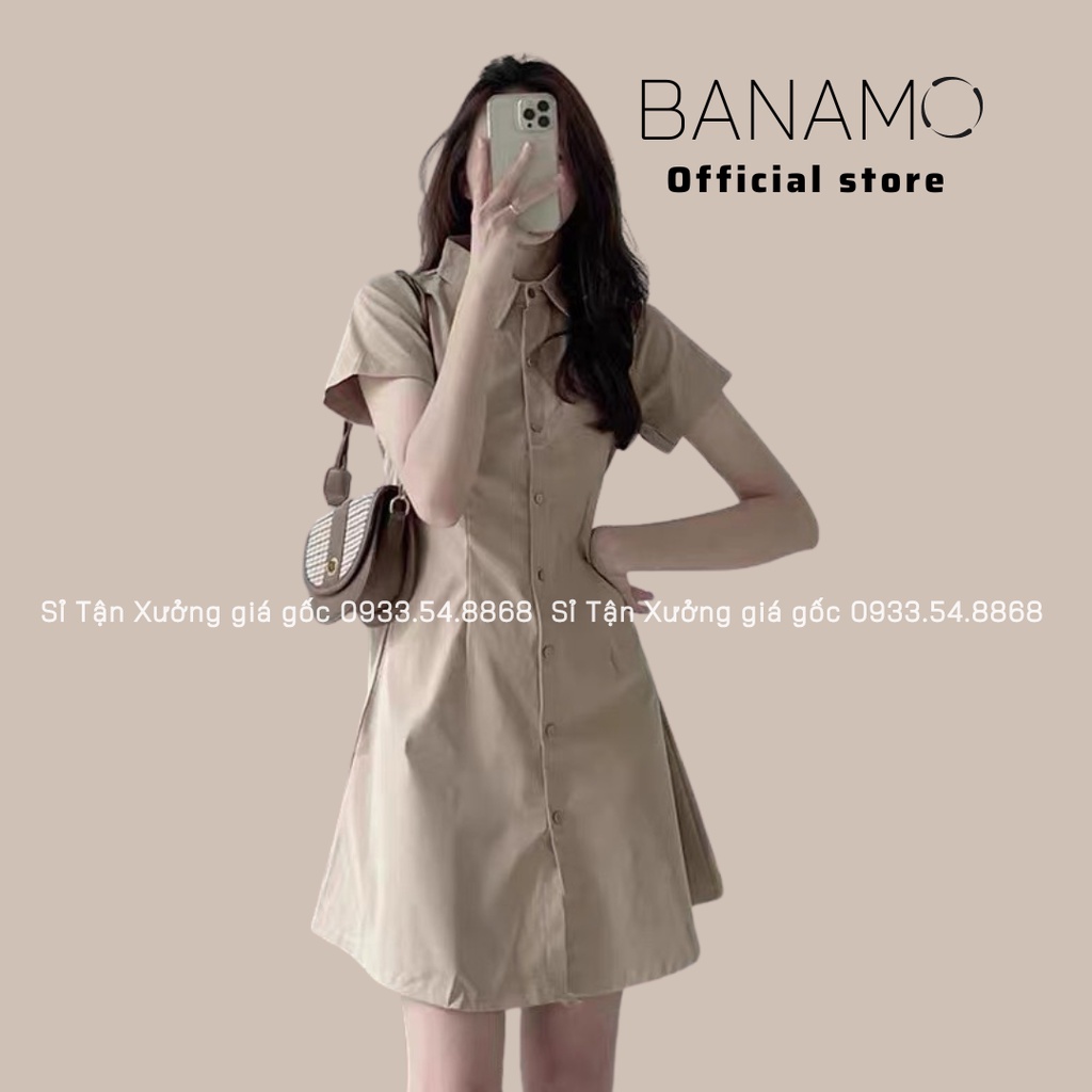 Đầm váy nữ basic Banamo fashion cổ sơ mi cài cúc chiết eo lưng chun cộc tay nhiều màu 5915