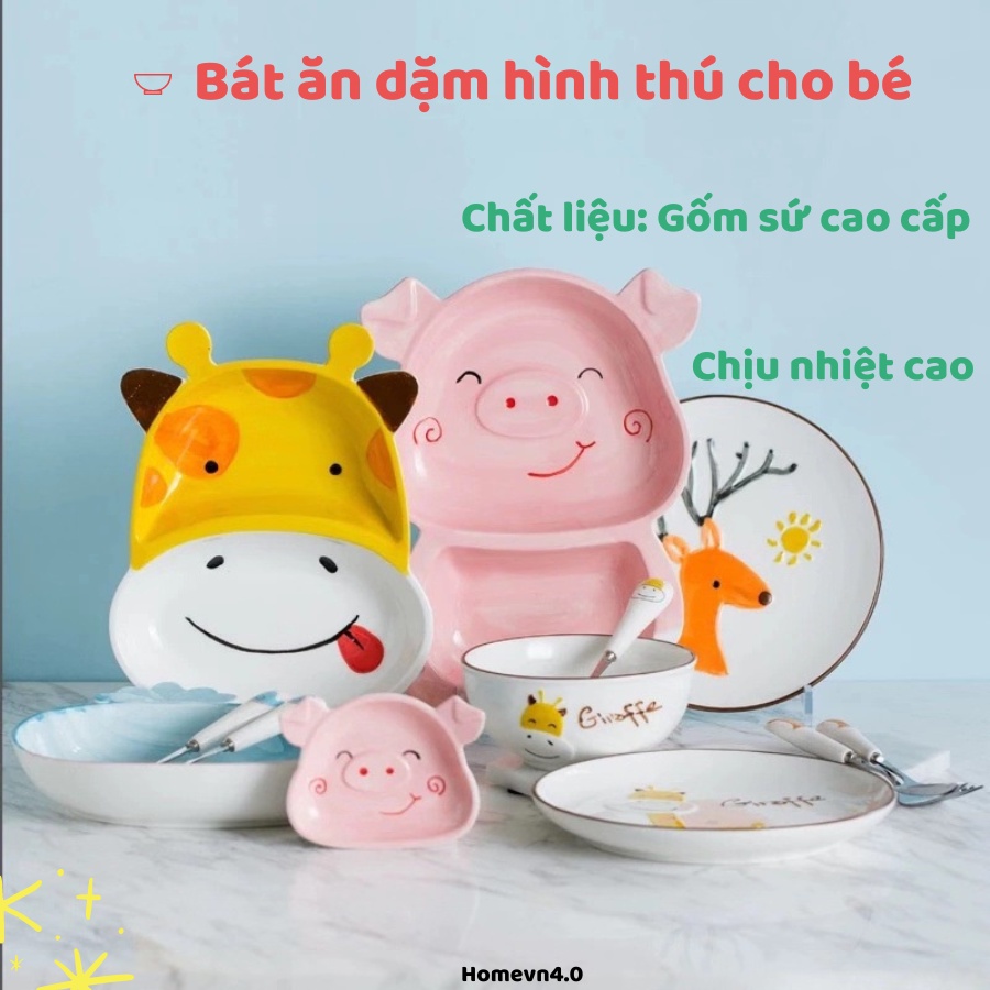 Đĩa Ăn Dặm, Bát Ăn Gốm Sứ 2 Ngăn Cho Bé Hình Thú Đáng Yêu Kích Thích Bé Ăn Ngon