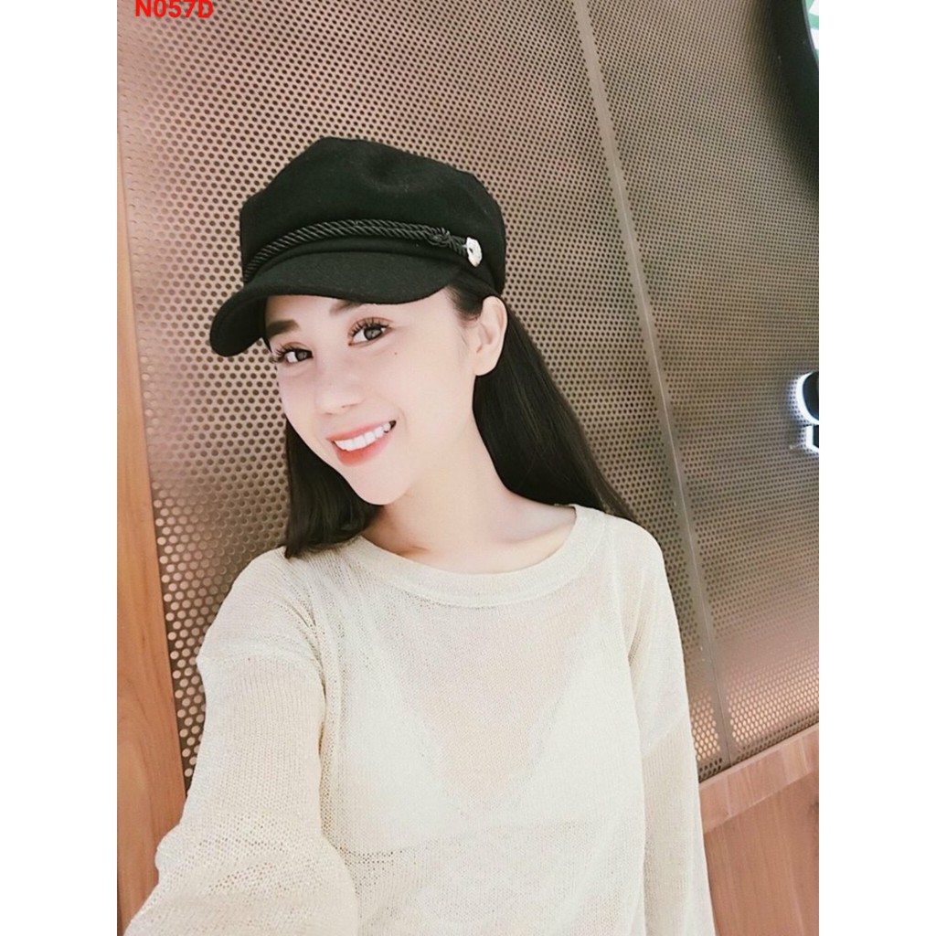 Nón nữ ⚡️ HÀNG 2 LỚP ⚡️ mũ nồi mỏ da kaki nỉ dày phối dây thừng thời trang nam giá rẻ màu đen