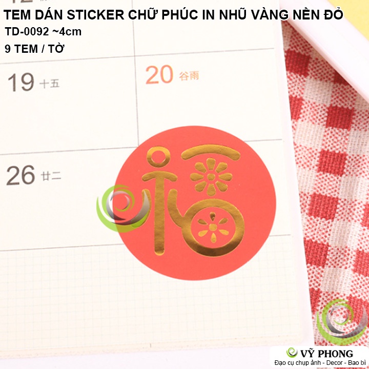 TEM DÁN STICKER NHÃN DÁN CHỮ PHÚC NỀN ĐỎ CHỮ NHŨ VÀNG TRANG TRÍ NIÊM PHONG BAO BÌ HỘP QUÀ TẶNG TẾT XUÂN TD-0092