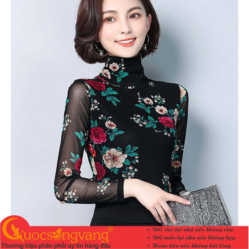 Áo thun nữ in hoa áo kiểu thun lưới dài tay GLA238 Cuocsongvang
