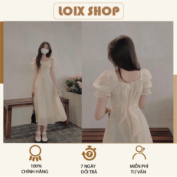 Váy nơ von tơ 2 lớp tay phồng tiêu thư LOIX mã 1139