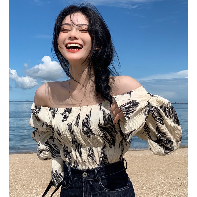 Áo Kiểu Trễ Vai Dáng Ngắn In Họa Tiết Thời Trang Mùa Thu Quyến Rũ Cho Nữ