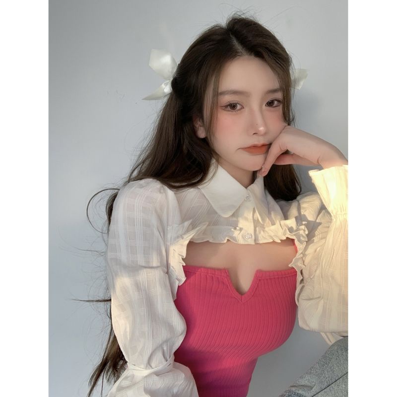 COZOK Set áo sơ mi ngắn tay + áo hai dây màu đỏ hồng xinh xắn