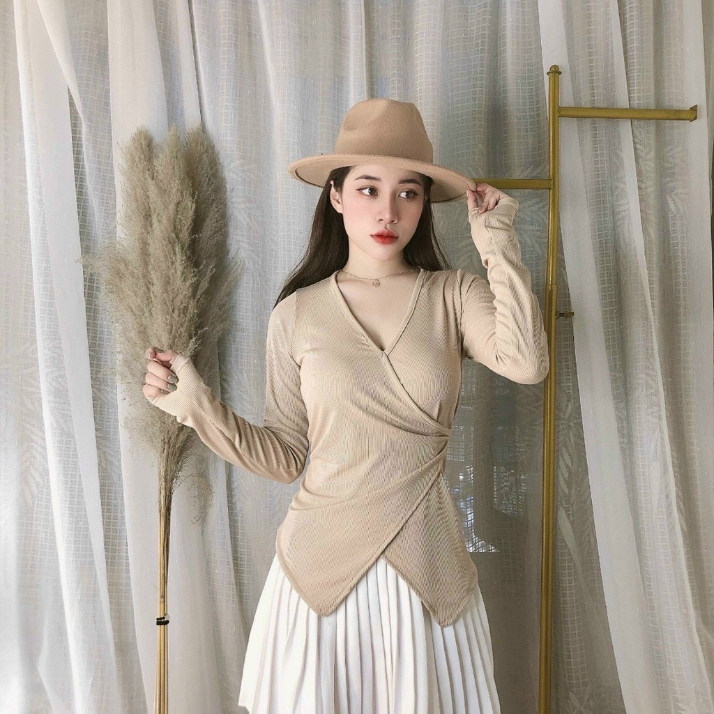 Áo lệch vạt cổ chéo dáng body chất thun tăm co dãn