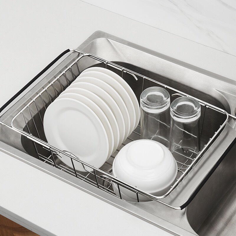 Kệ Inox gác bồn rửa chén co giãn đựng bát đĩa tiện lợi, Giá đựng hoa quả đa năng, hữu ích {H}