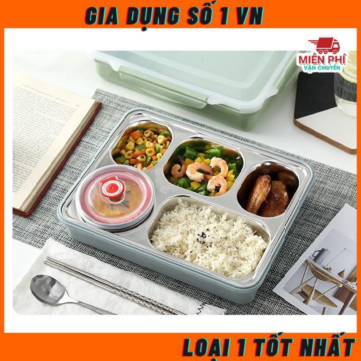 HỘP CƠM VĂN PHÒNG INOX [Hàng loại 1-Giá tốt nhất] KHAY CƠM 5 NGĂN giữ nhiệt có nắp đậy chống tràn tặng kèm đũa, thìa