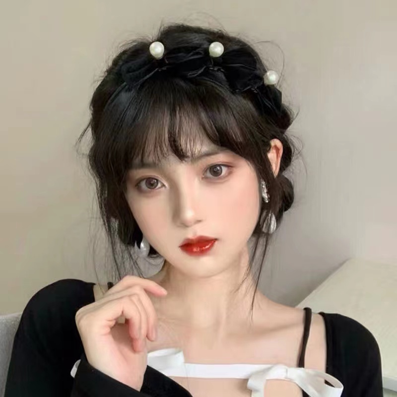 Cài tóc ruy băng nơ đính ngọc trai cổ điển phong cách Hàn Quốc