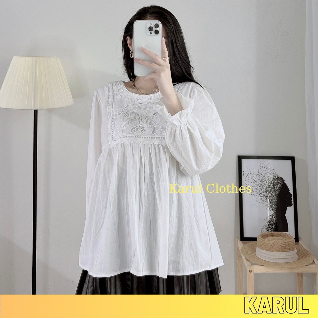 Áo sơ mi nữ hoa ren babydoll trước ngực dài tay , áo sơ mi nữ babydoll dài tay