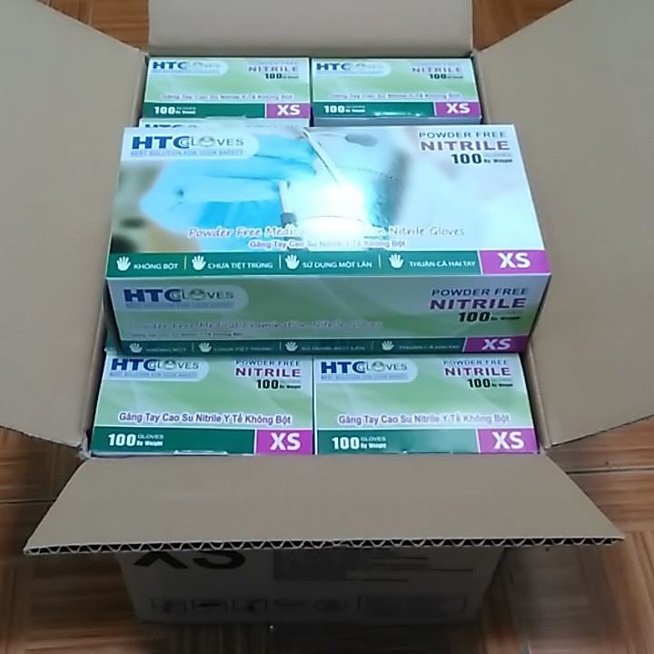 Thùng 10 hộp Găng Tay ( bao tay ) Cao Su Y Tế Không Bôt  HTC Glove hộp 100 cái màu xanh