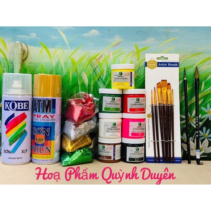Cọ thư pháp, kim tuyến, màu vẽ trang trí dừa tết