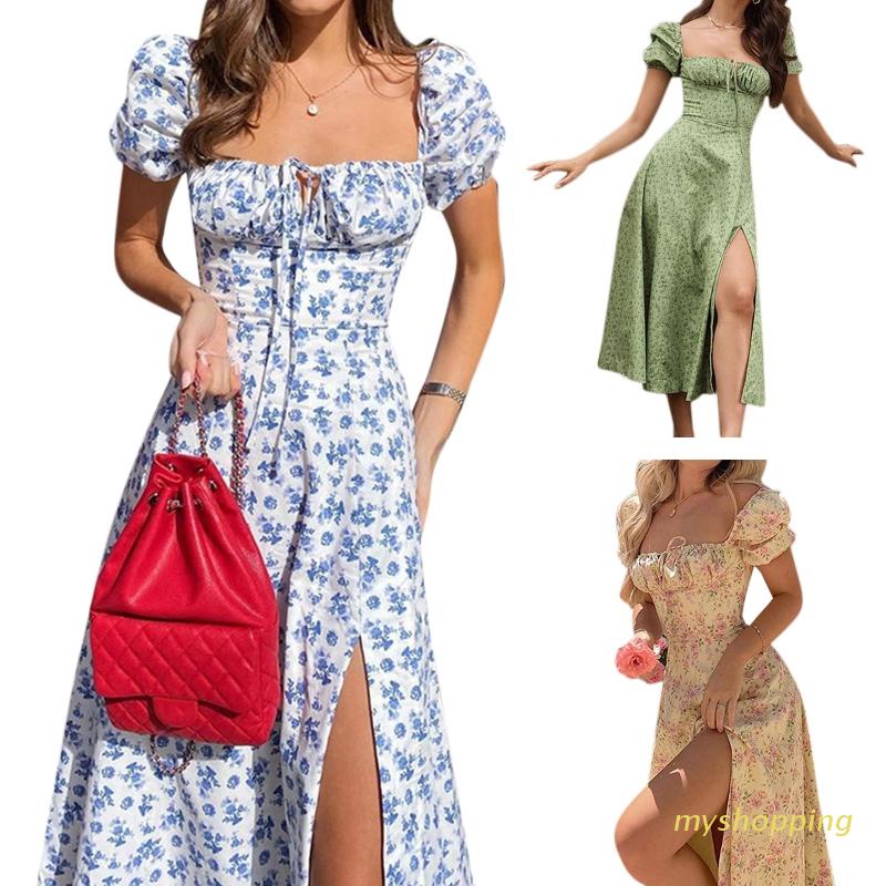 Đầm Midi Dáng Chữ A Tay Ngắn Cổ Vuông In Họa Tiết Hoa Phối Dây Cột Thời Trang Cổ Điển Quyến Rũ Cho Nữ