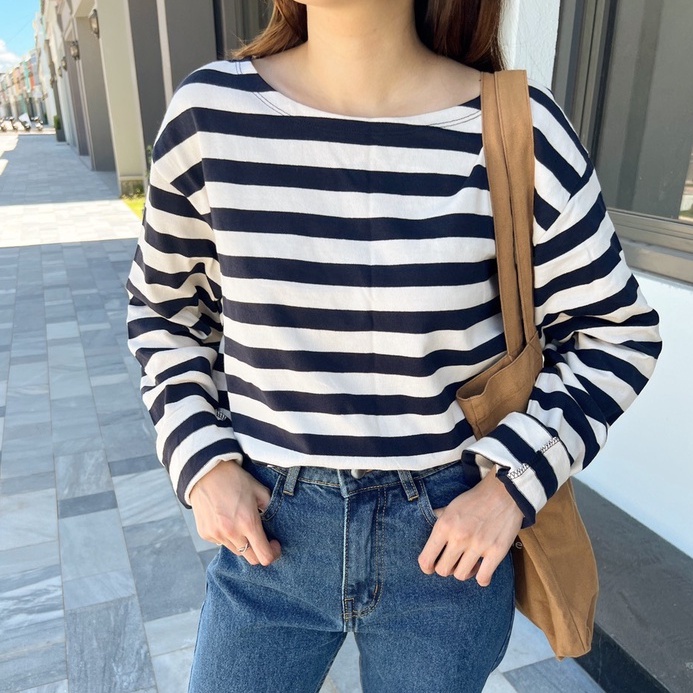 Áo thun unisex tay dài sọc ngang đen trắng LD-TDSD