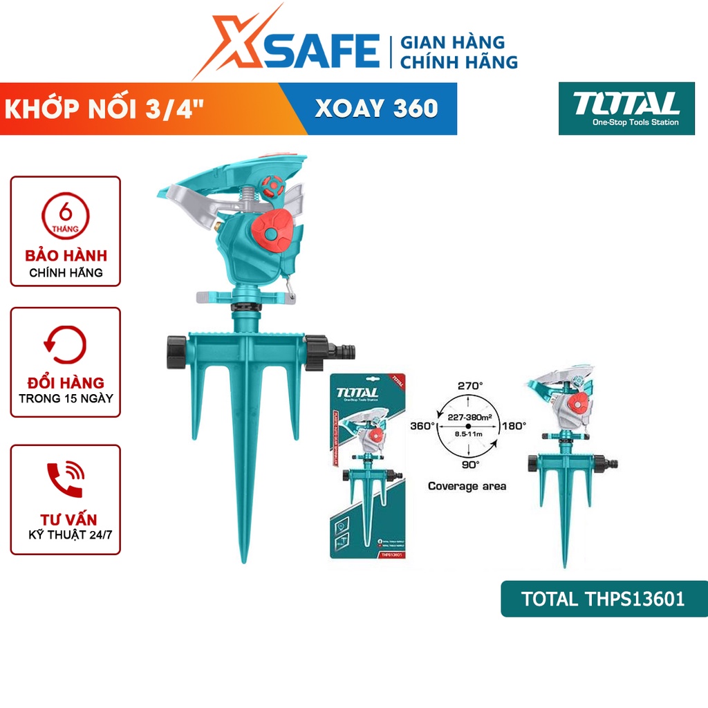 Đầu phun tưới 360 độ TOTAL THPS13601 Máy tưới nước bằng nhựa Kích thước 38*17,4*6,4cm, bộ khớp nối 3/4&quot;, 3 ty gài nhựa