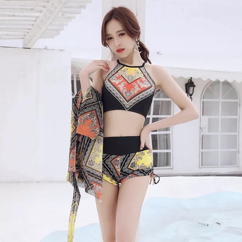 Bộ bikini cổ yếm kèm khăn choàng họa tiết thổ cẩm, Bộ bơi nữ