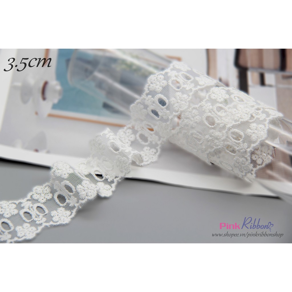 Ren thêu hoa trắng 3.5cm