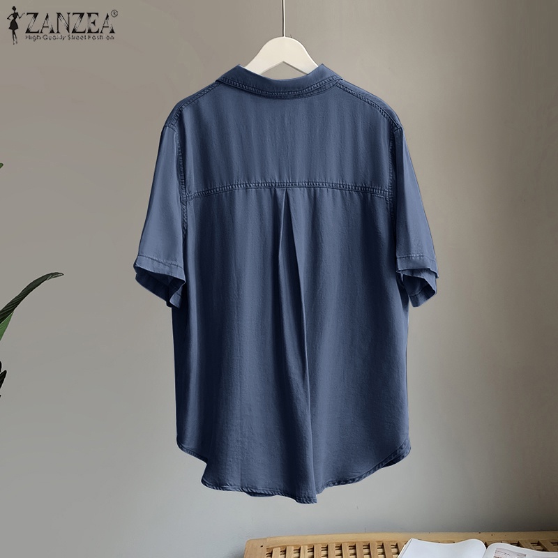 Áo sơ mi denim ZANZEA ngắn tay có túi thời trang nữ tính