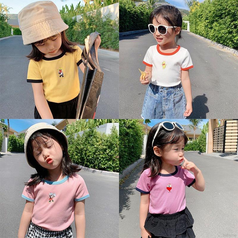 Áo thun tay ngắn chất liệu cotton in họa tiết hoạt hình phong cách hàn quốc cho bé gái